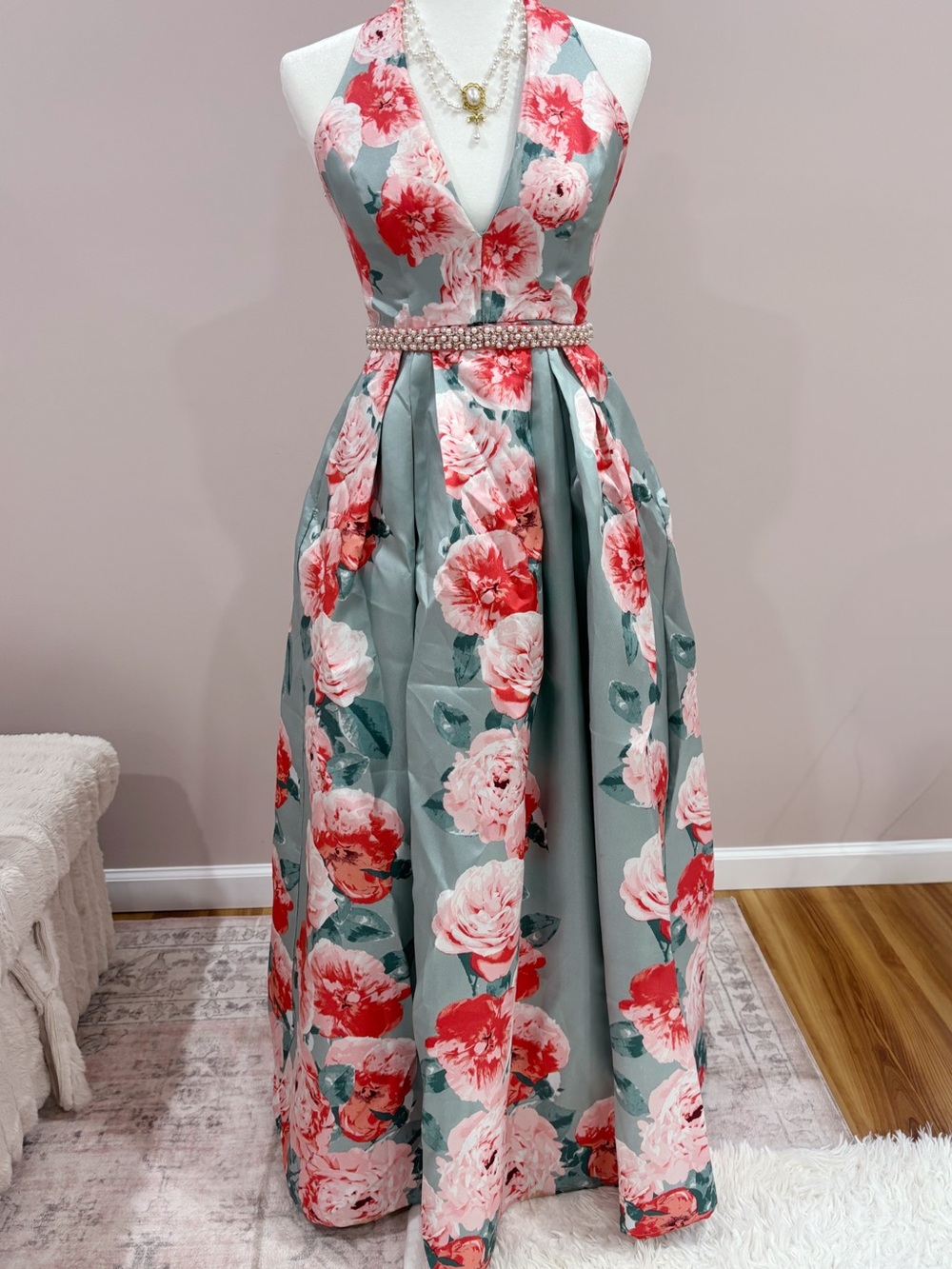 Floral Halter Ball Gown Dress in Sage and CoralPink